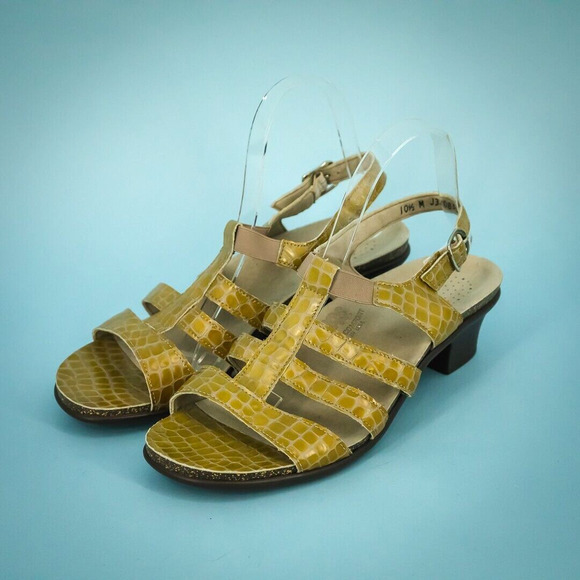 SAS Size 10.5 Allegro Yellow Green Croc Alligator Print Leather Open Toe Sandals - Picture 1 of 7
